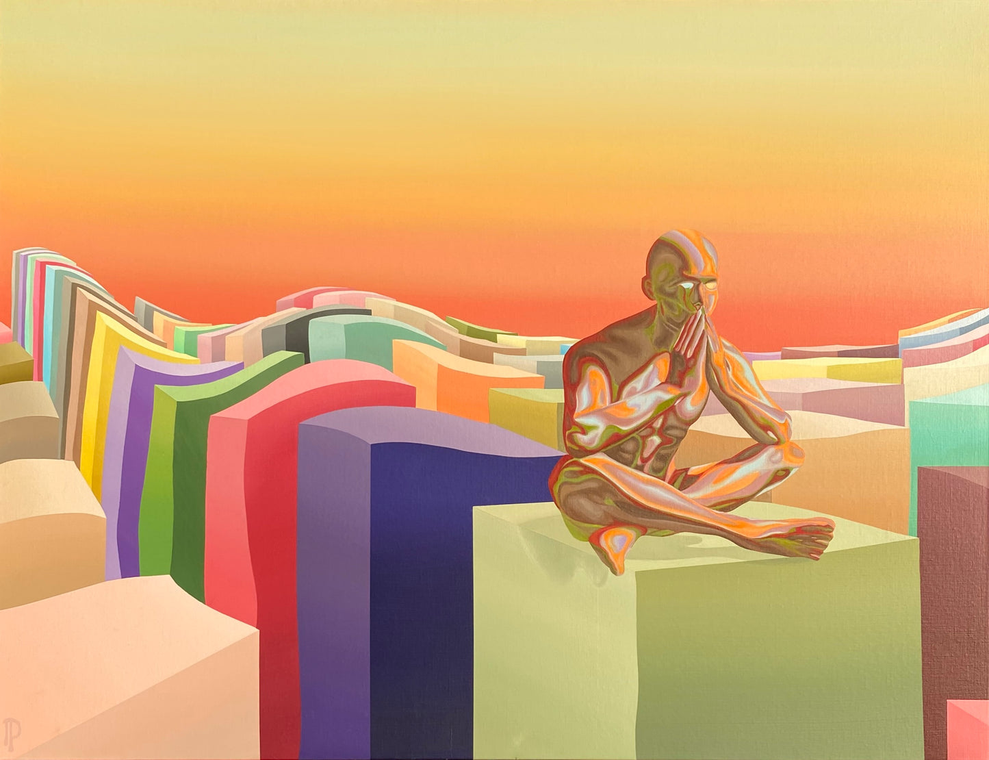 Œuvre cubique et surréaliste de Pierre Paris (2022) aux tons chauds pastel, symbolisant les choix liés au cheminement personnel